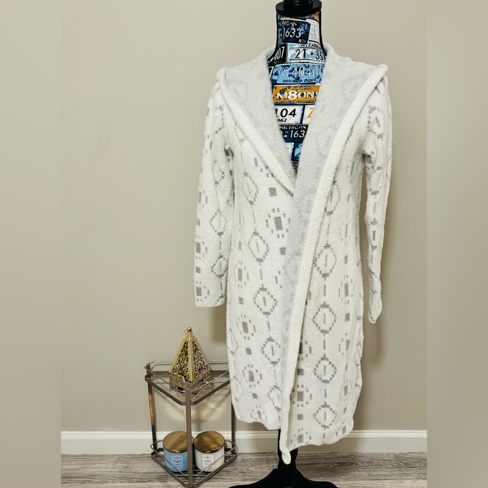 White and Gray Hooded Cardigan